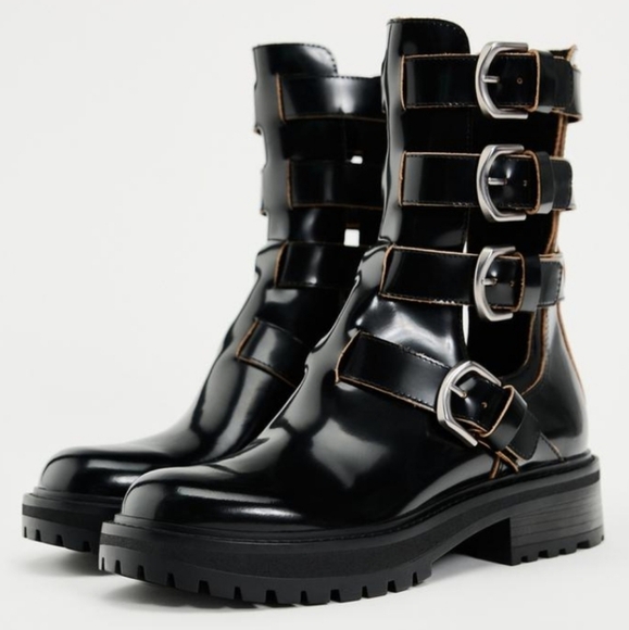 ZARA Leather Buckle Open Sides Boots - Picture 2 of 11
